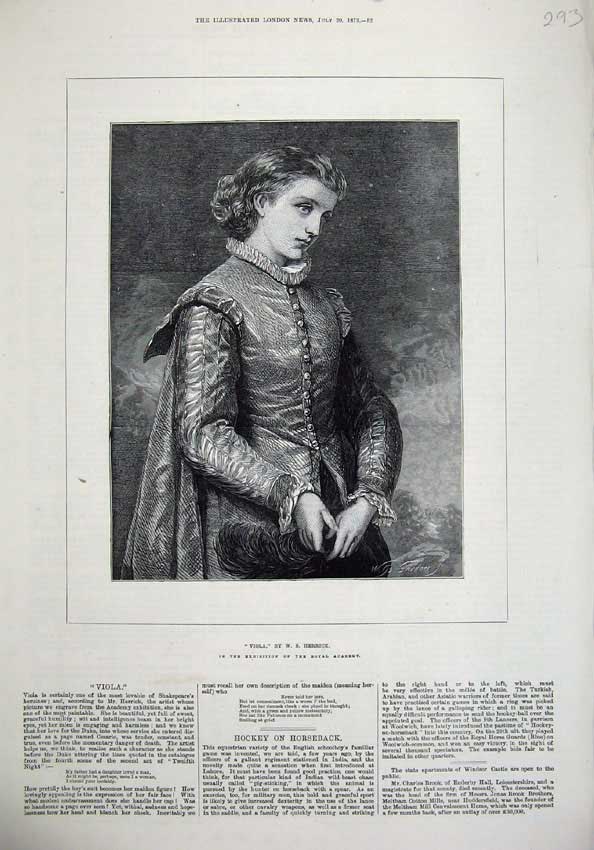 Original Old Antique Print 1872 Portrait Viola Beautiful Woman Art Victorian