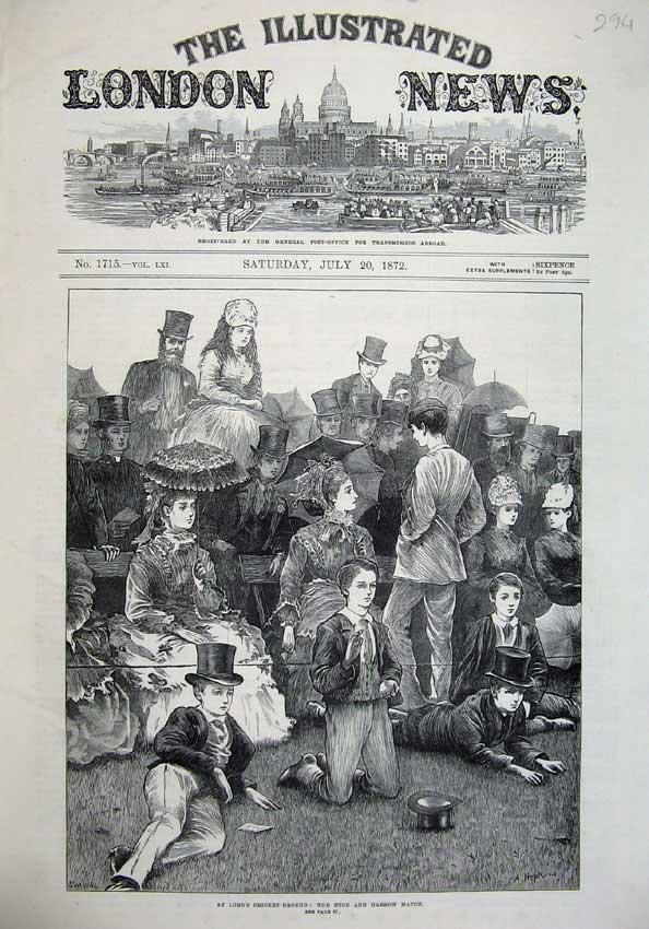 Original Old Antique Print 1872 Lord'S Cricket Ground Eton Harrow Match Sport