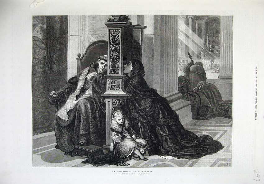 Original Old Antique Print 1872 Priest Confession Woman Little Girl Fine Art