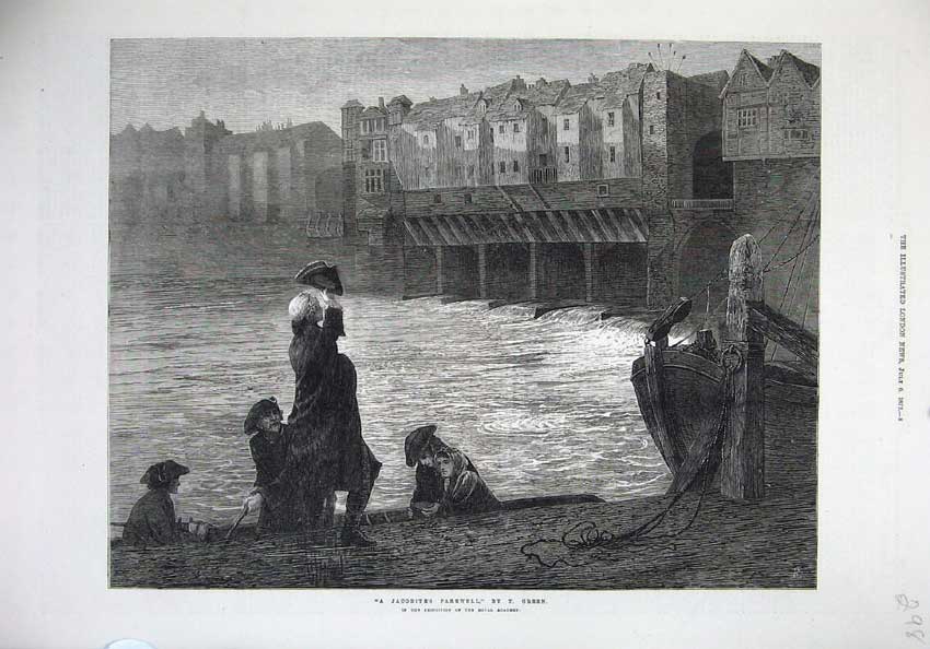 Old Antique Print 1872 Jacobite'S Farewell Bridge River Boat Men Fine Art 19th