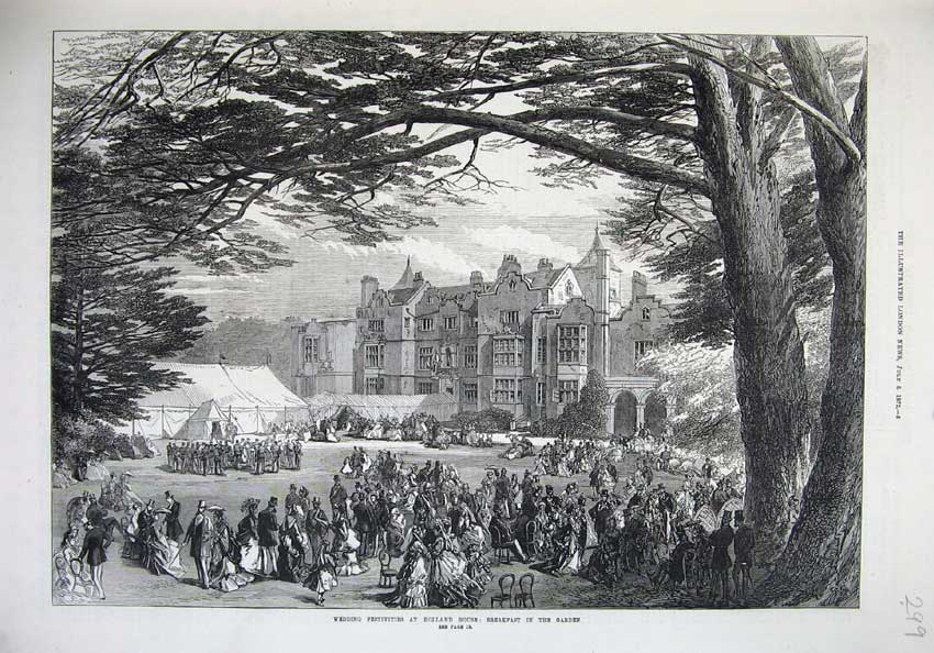Old Antique Print 1872 Fine Art Wedding Festivities Holland House Garden 19th