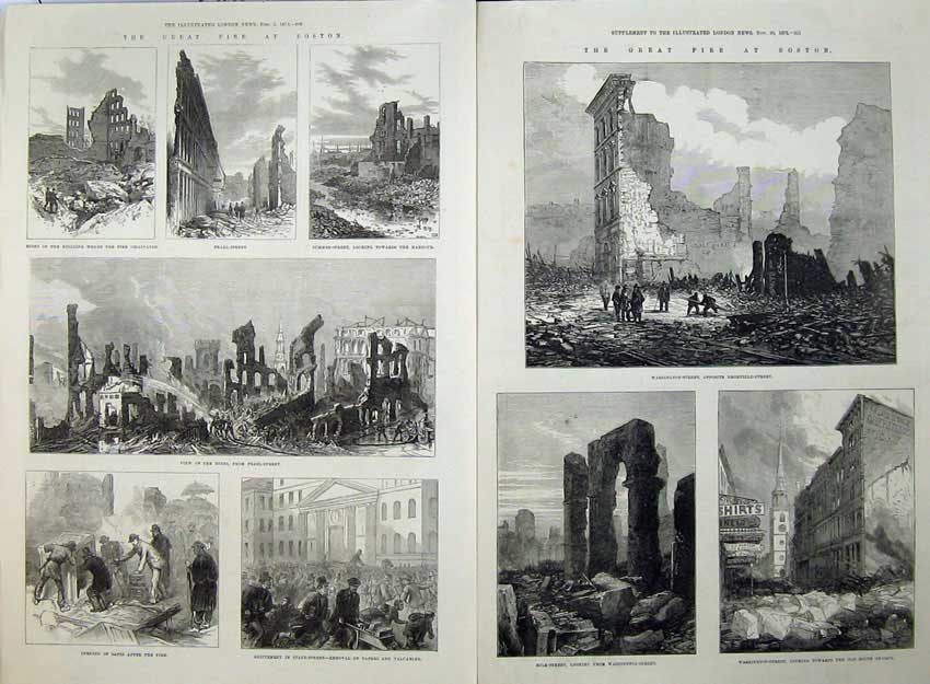 Old Antique Print 1872 Fire Boston America Washington Street Church Art 19th