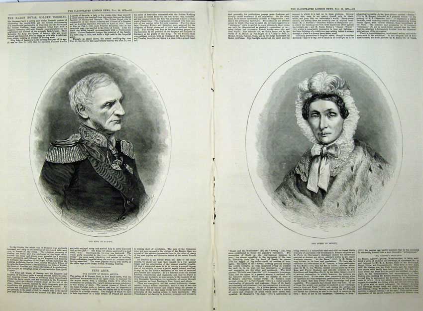 Original Old Antique Print 1872 Portrait King Saxony Queen Man WomanVictorian
