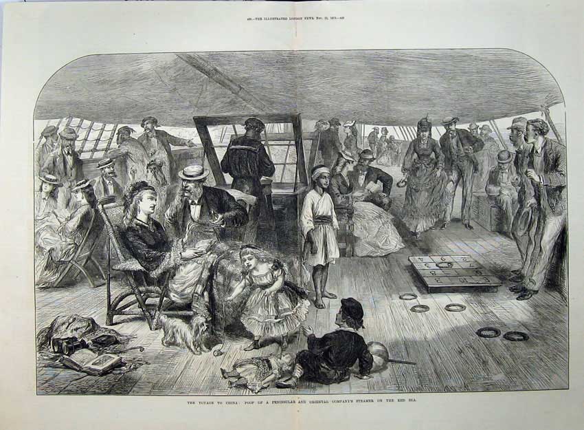Old Antique Print Ship Voyage China 1872 Poop Oriental Steamer Red Sea 19th