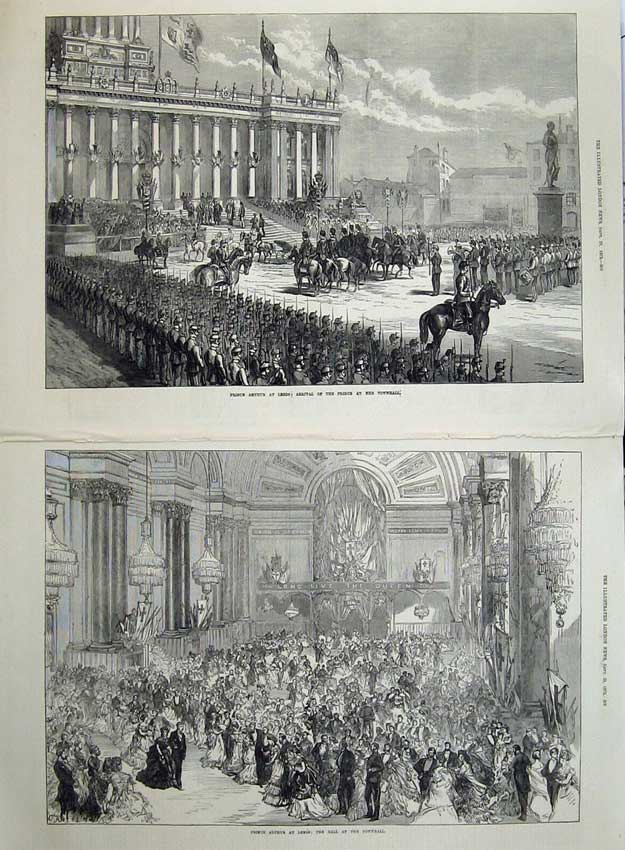 Original Old Antique Print 1872 Prince Arthur Leeds Ball Townhall Horses Army