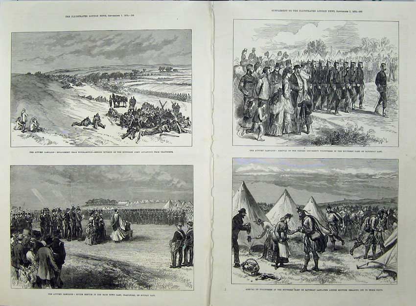 Old Antique Print 1872 Witchampton Army War Service Camp Scottish Kilts 19th