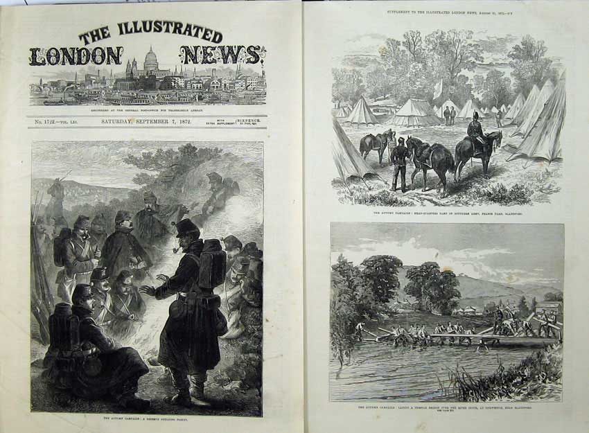 Old Antique Print 1872 Army Picket War Bridge River Stour Blandford Camp 19th