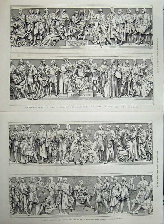Antique Old Print 1872 Sculptures Prince Consort Memorial Musicians Poets 19th