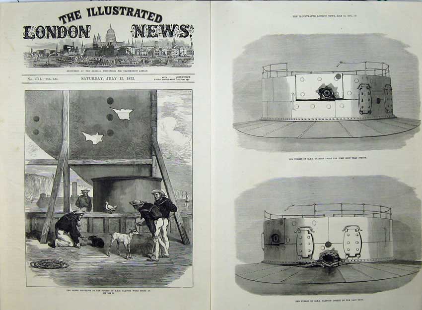 Old Antique Print 1872 Turret H.M.S Glatton Ship War Men Goat Rabbit Art 19th