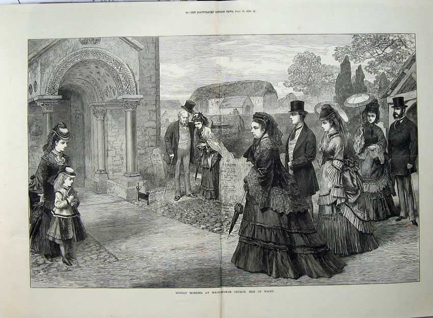 Old Antique Print 1872 Sunday Morning Whippingham Church Isle Wight Art 19th