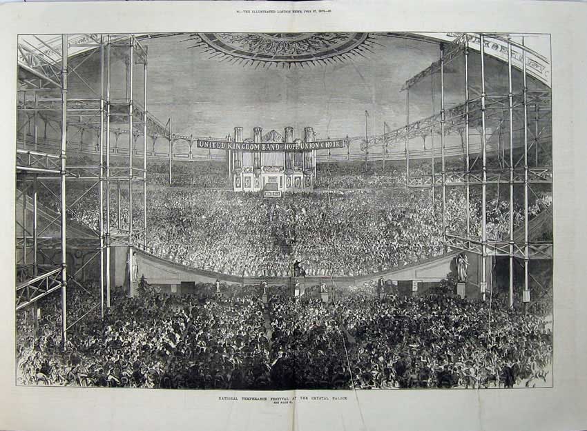 Old Antique Print 1872 National Temperance Featival Crystal Palace Art 19th