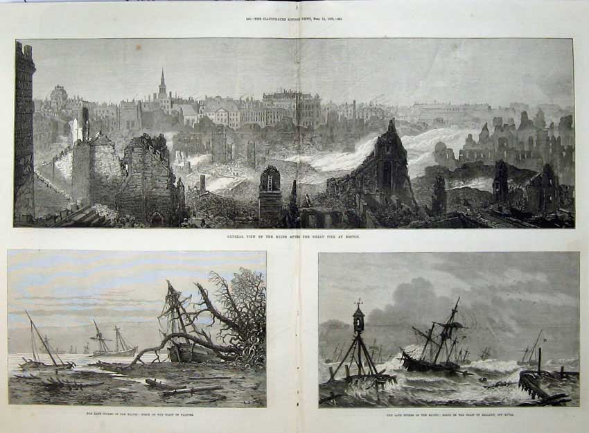 Old Antique Print 1872 Ruins Great Fire Boston Storms Baltic Sea Ships 19th