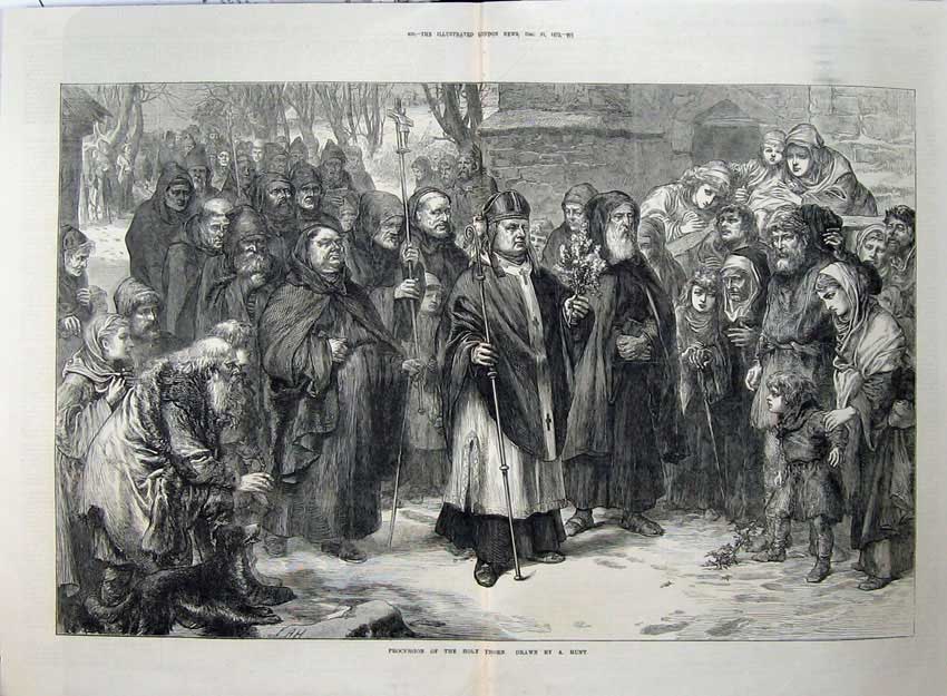 Old Antique Print 1872 Procession Holy Thorn Priest People Fine Art Hunt 19th