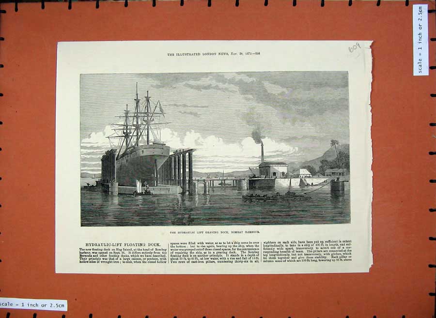 Old Antique Print 1872 Hydraulic Lift Graving Dock Bombay Harbour Ships 19th