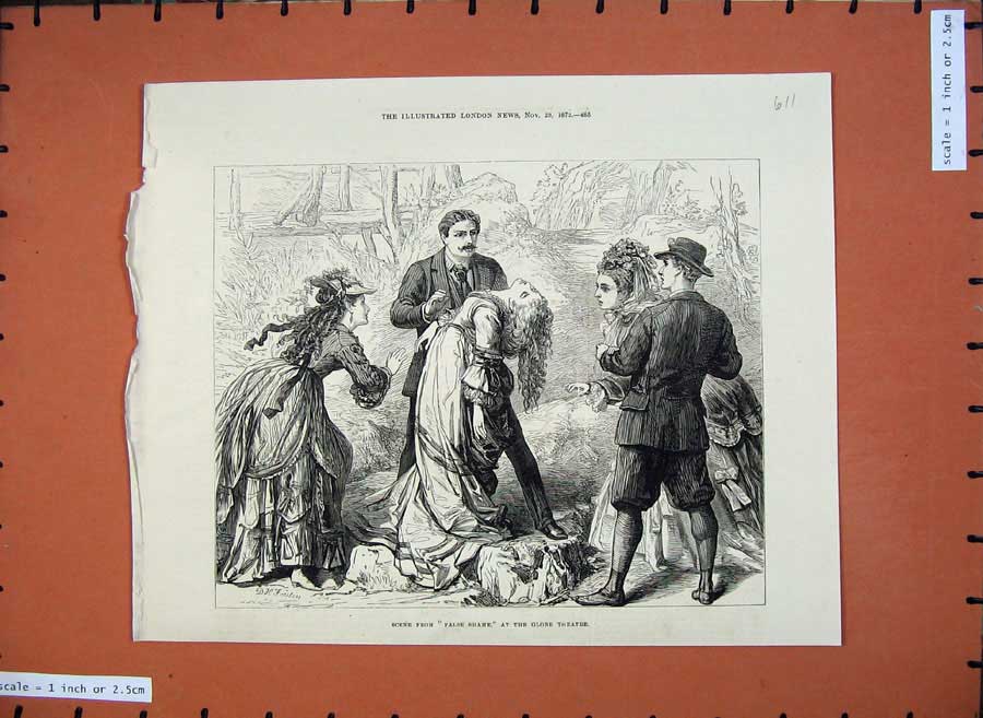 Original Old Antique Print 1872 Scene False Shame Globe Theatre Romance Acting