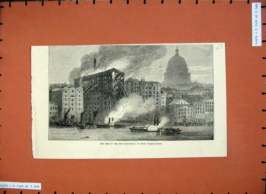 Old Antique Print 1872 Fire City Flour Mills Thames Street Buildings Art 19th