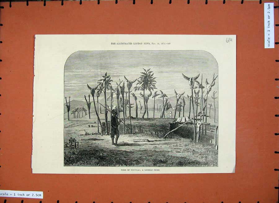 Original Old Antique Print 1872 Tomb Voupilal Looshai Native Chief Man 19th