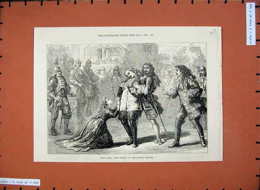 Original Old Antique Print 1872 Scene Amos Clark Queen'S Theatre Romance 19th