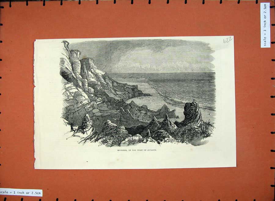 Old Antique Print 1872 Boobjerg Coast Jutland Sea Cliffs Rocks Fine Art 19th