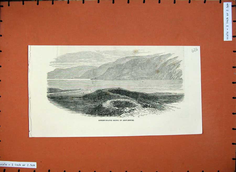 Original Old Antique Print 1872 Serpent Shaped Mound Argyleshire Loch Scotland