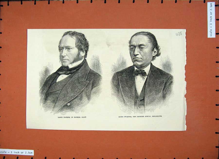 Original Old Antique Print 1872 Baron Hanmer Flint Sionii Iwakura Japanese Men