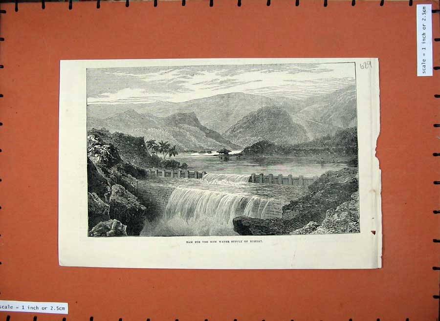 Original Old Antique Print 1872 Dam Water Supply Bombay Waterfall Mountains Art