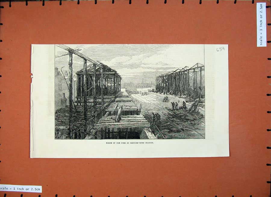 Old Antique Print 1872 Fine Art Scene Fire Kentish Town Railway Station 19th