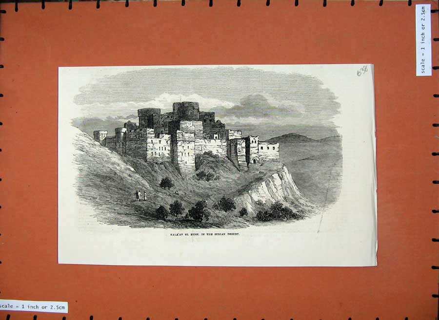Original Old Antique Print 1872 Kala'At El Husnsyrian Desert Castle Building