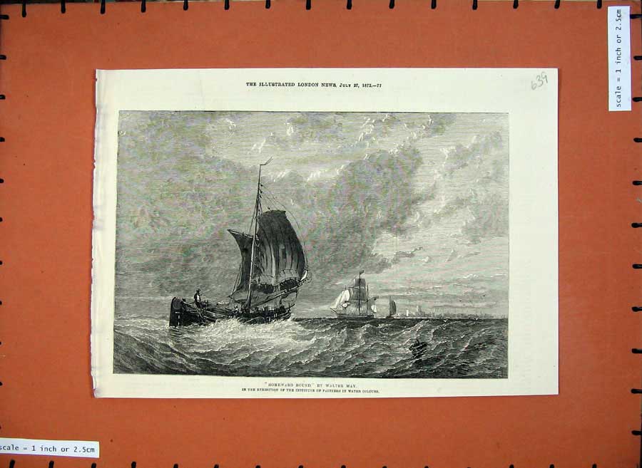 Original Old Antique Print 1872 Homeward Bound Walter May Sailing Ship Sea Art