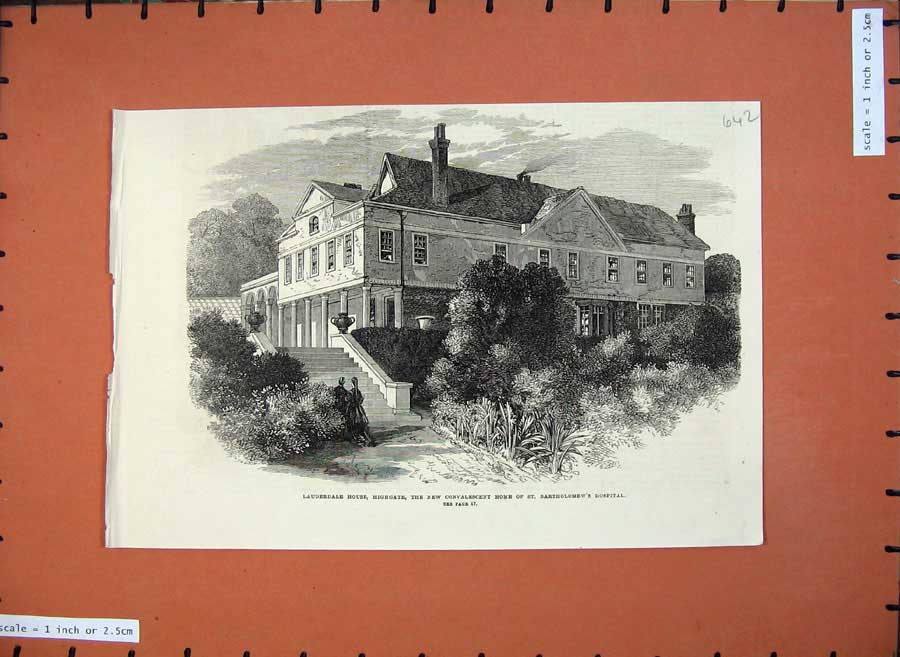 Original Old Antique Print 1872 Lauderdale House Highgate Bartholomews Hospital