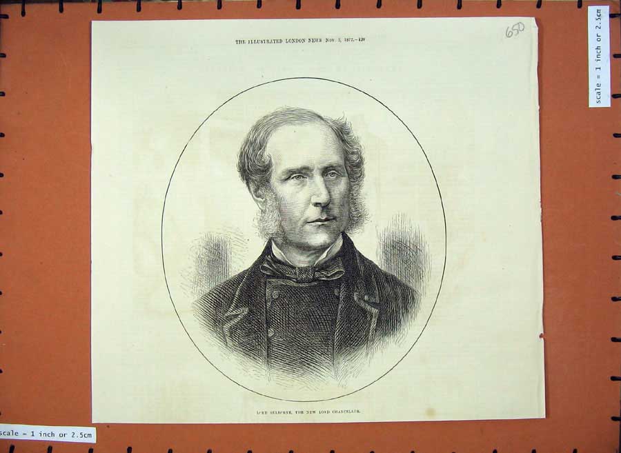Original Old Antique Print 1872 Portrait Lord Selborne Chancellor Parliament
