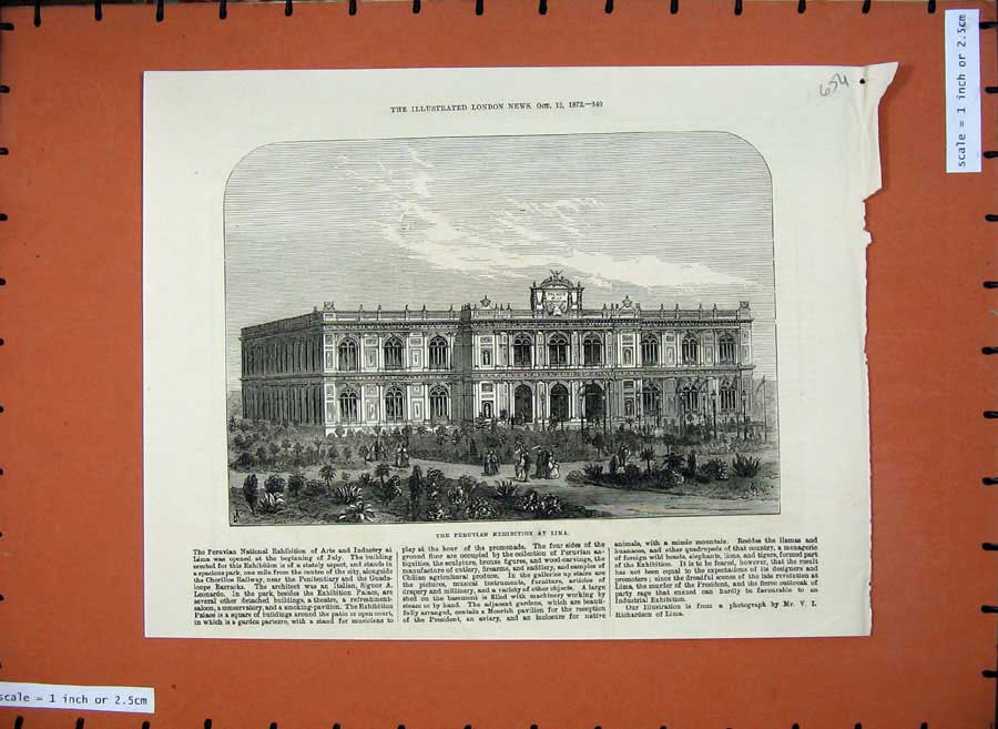 Old Antique Print 1872 Peruvian Exhibition Lima Architecture Building Art 19th