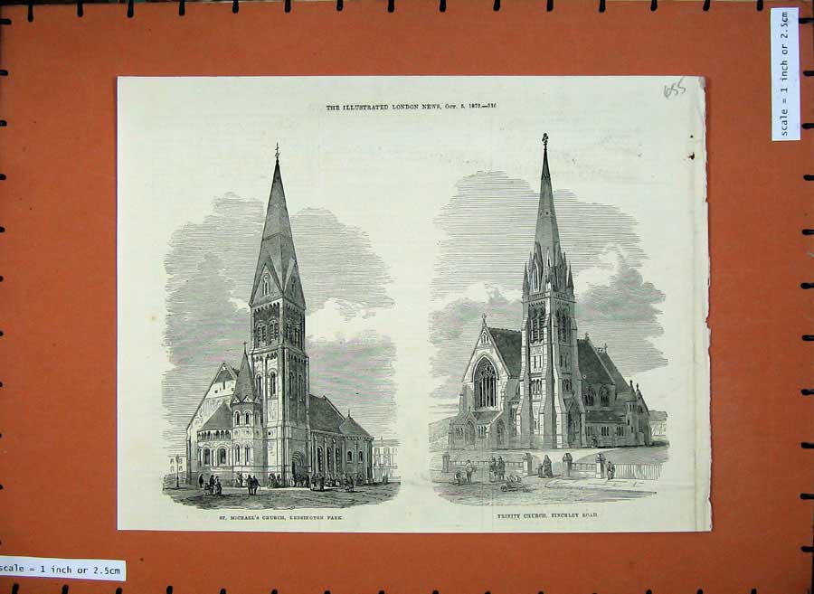 Old Antique Print 1872 Michael'S Church Kensington Park Trinity Finchley 19th