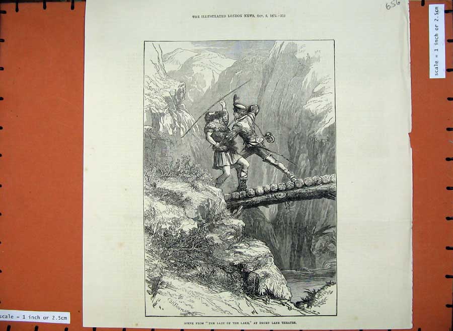 Old Antique Print 1872 Scene Lady Lake Drury Lane Theatre Fighting Death 19th
