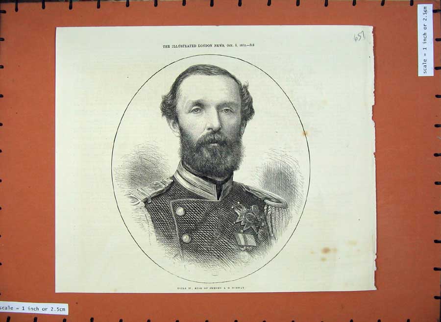Original Old Antique Print 1872 Portrait Oscar King Sweden Norway Man Victorian