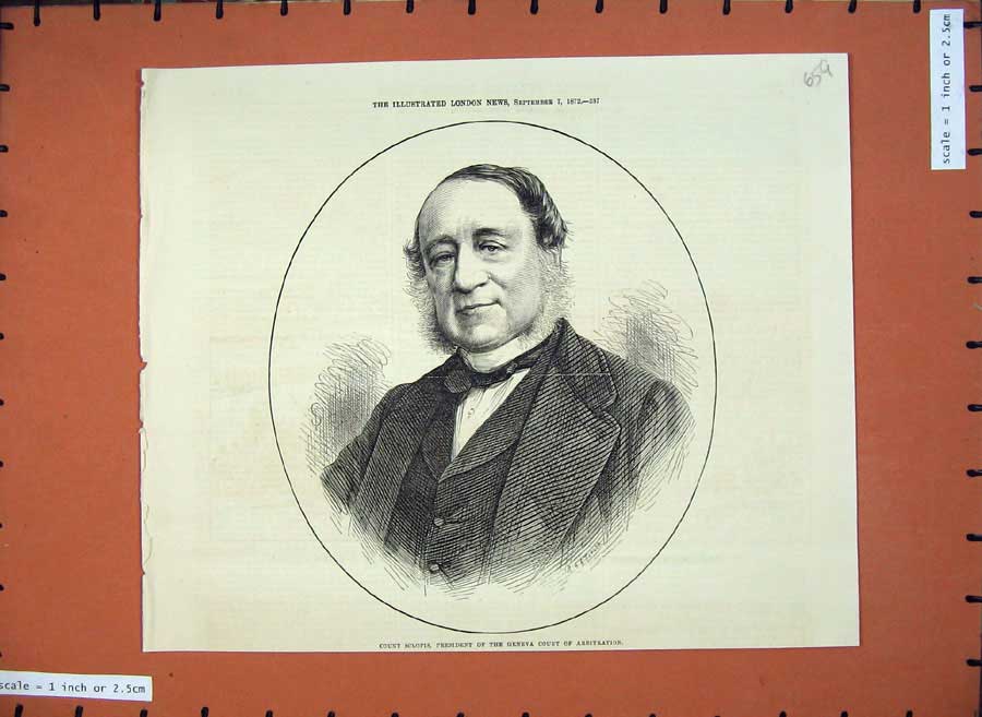 Old Antique Print 1872 Count Sclopis President Geneva Court Arbitration 19th