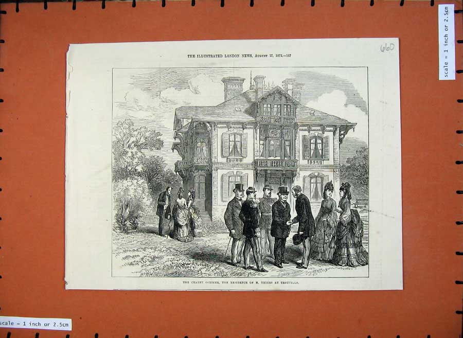 Old Antique Print 1872 Chalet Cordier Residence Thiers Trouville People 19th