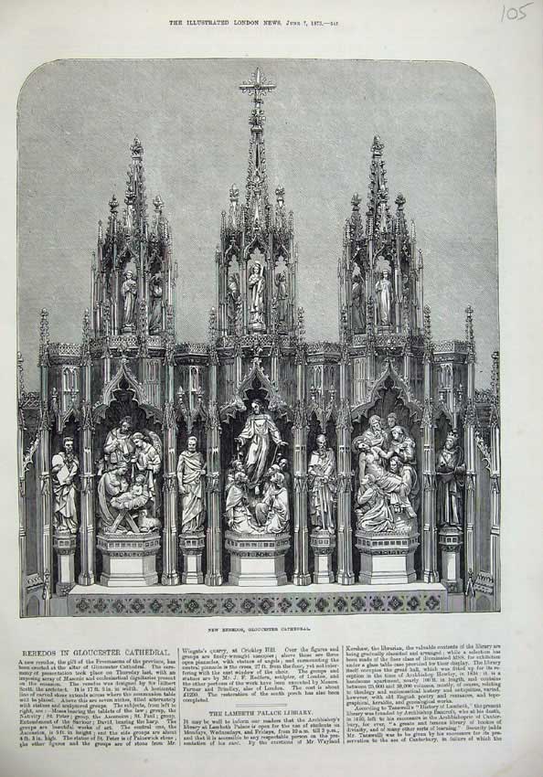 Original Old Antique Print 1873 New Reredos Altar Gloucester Cathedral Fine Art
