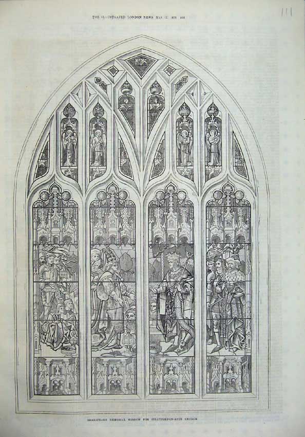 Original Old Antique Print 1873 Shakespeare Window Stratford-On-Avon Church