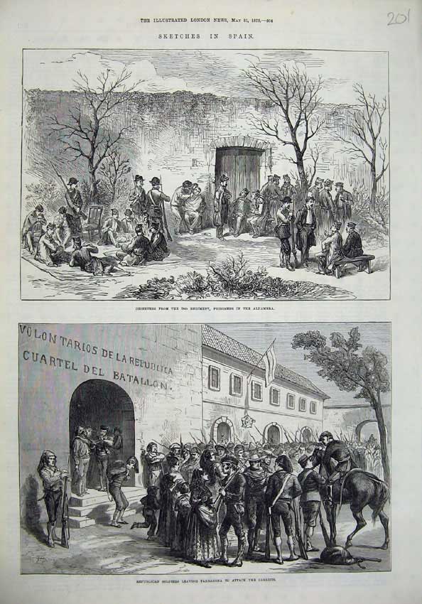Original Old Antique Print 1873 Spain Siers Tarragona Carlists War Alhambra