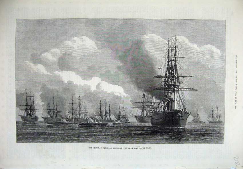 Old Antique Print 1873 Ironclad Squadron Shah Dover Roads Sailing Ships 19th