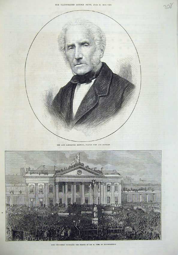 Old Antique Print 1873 Lord Houghton Statue Peel Huddersfield Alessandro 19th