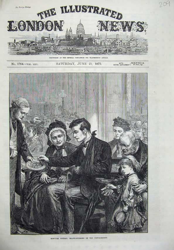 Old Antique Print 1873 Hospital Sunday Offering Families Pews Church Art 19th