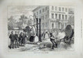 Old Antique Print 1873 Vienna Man Watering Streets Barrel Buildings Dogs 19th