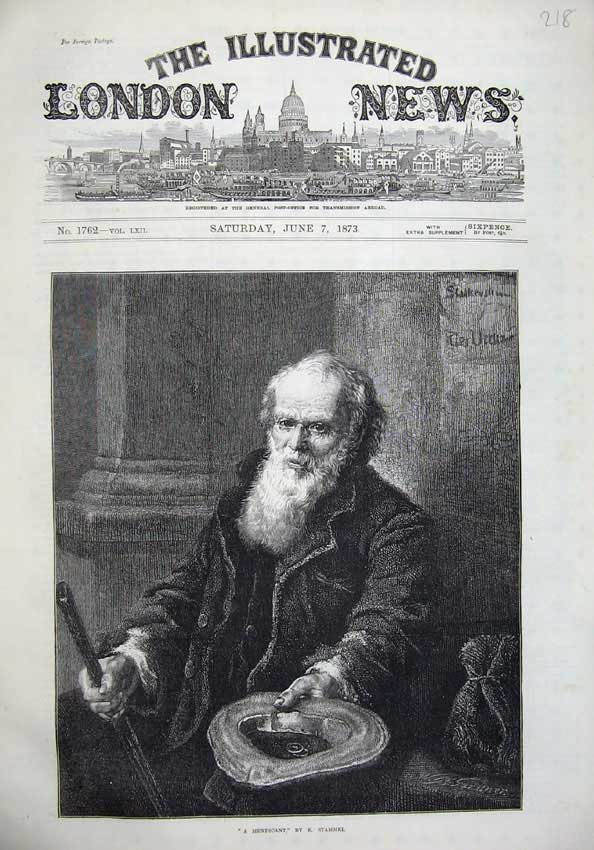 Original Old Antique Print 1873 Fine Art Bearded Man Begging Hat 19th