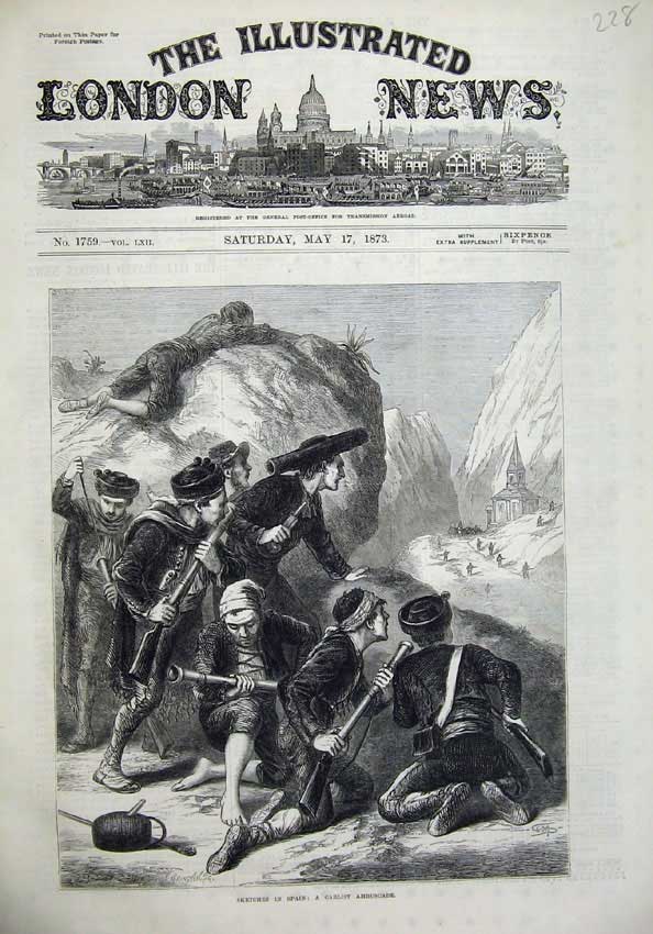 Original Old Antique Print 1873 Spain Carlist Ambuscade War Men Battle Fine Art