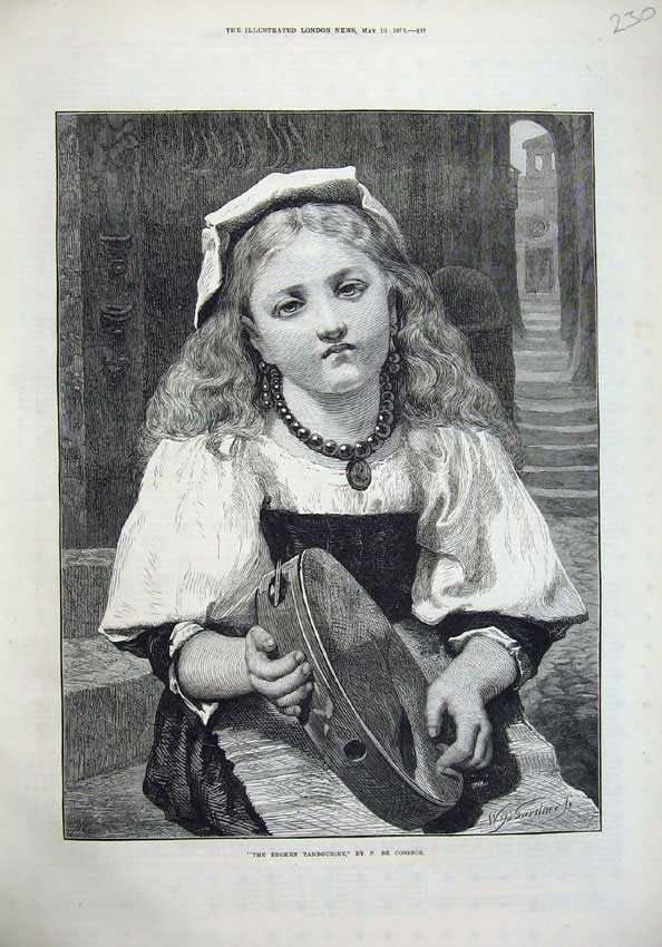 Original Old Antique Print 1873 Young Girl Broken Tamborine Coninck Fine Art