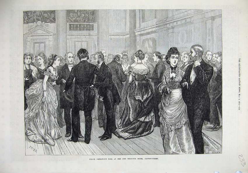 Old Antique Print 1873 Police Orphanage Ball Terminus Hotel Cannon-Street 19th