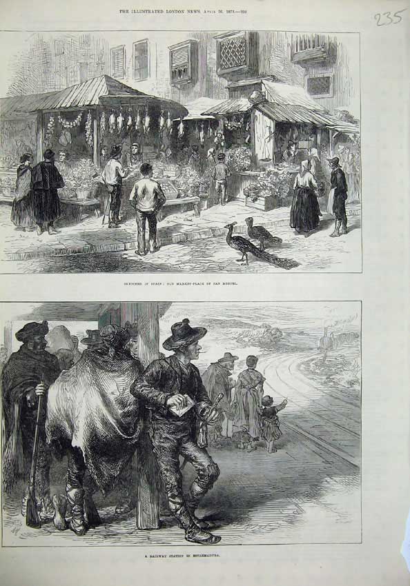 Old Antique Print 1873 Railway Station Estremadura Market San-Miguel Art 19th
