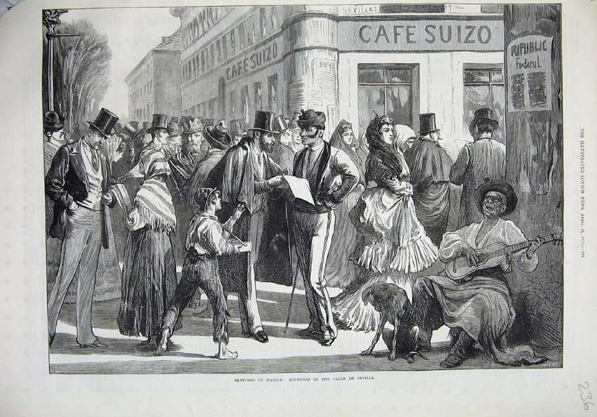 Original Old Antique Print 1873 Madrid Spain Loungers Calle De Sevilla Fine Art